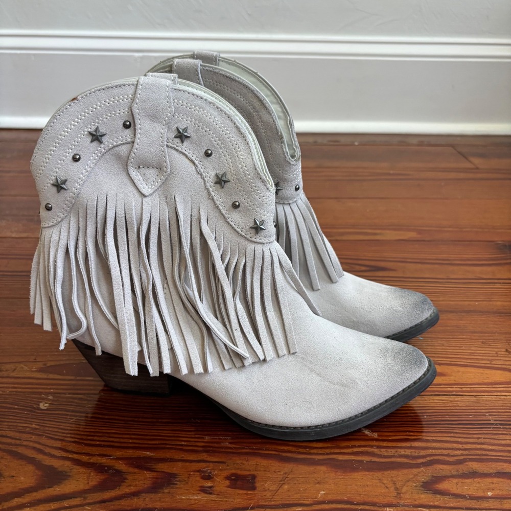 Very Volatile Star Fringe Cowboy Boot Size 10 White Gray Cowgirl Western Ankle